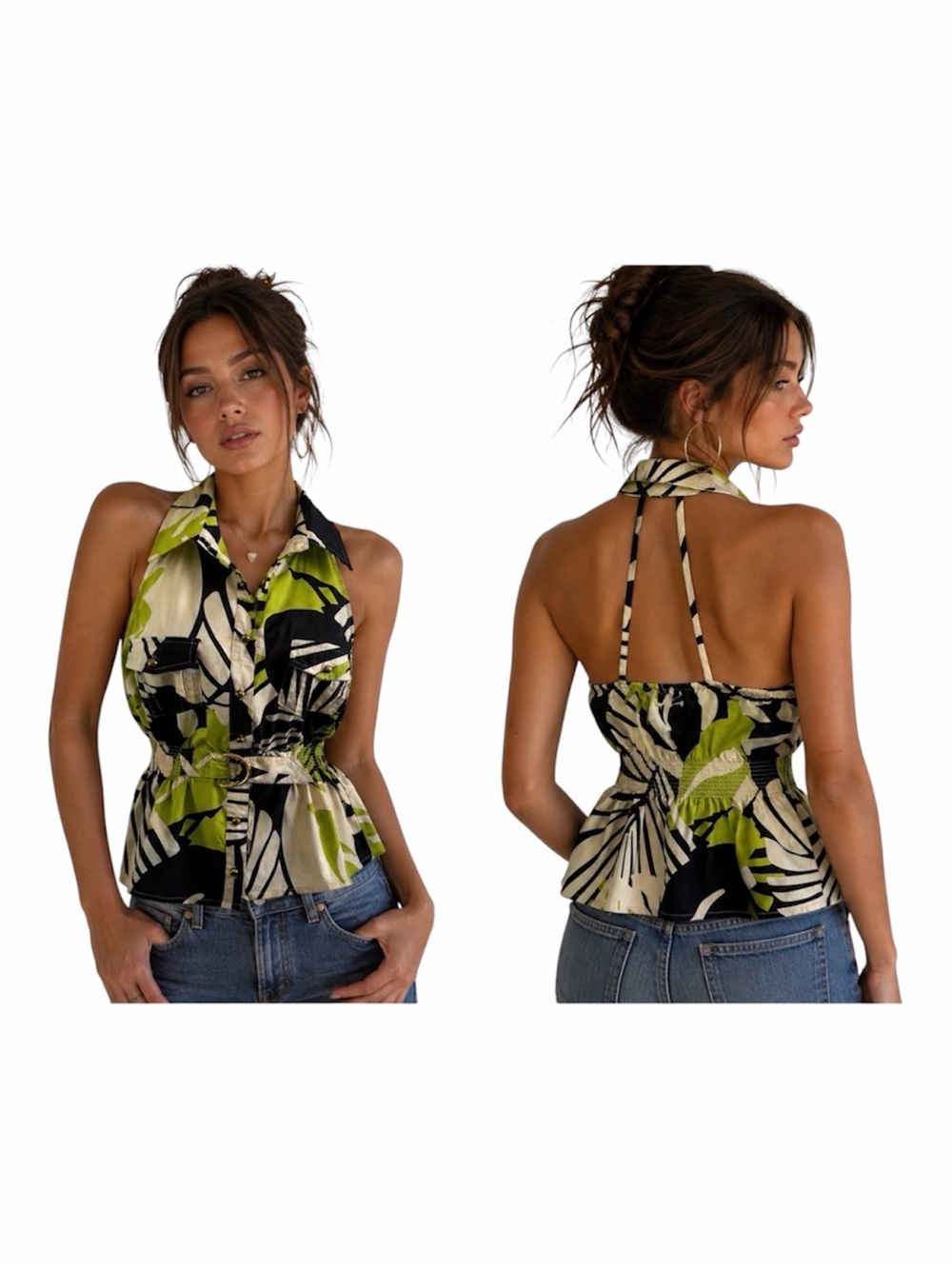 Rampage Vintage Y2K Abstract Leaf Polo Peplum Halter Top